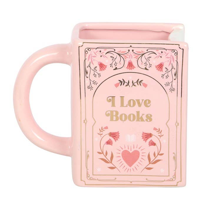 "Jag älskar böcker" rosa bokformad mugg