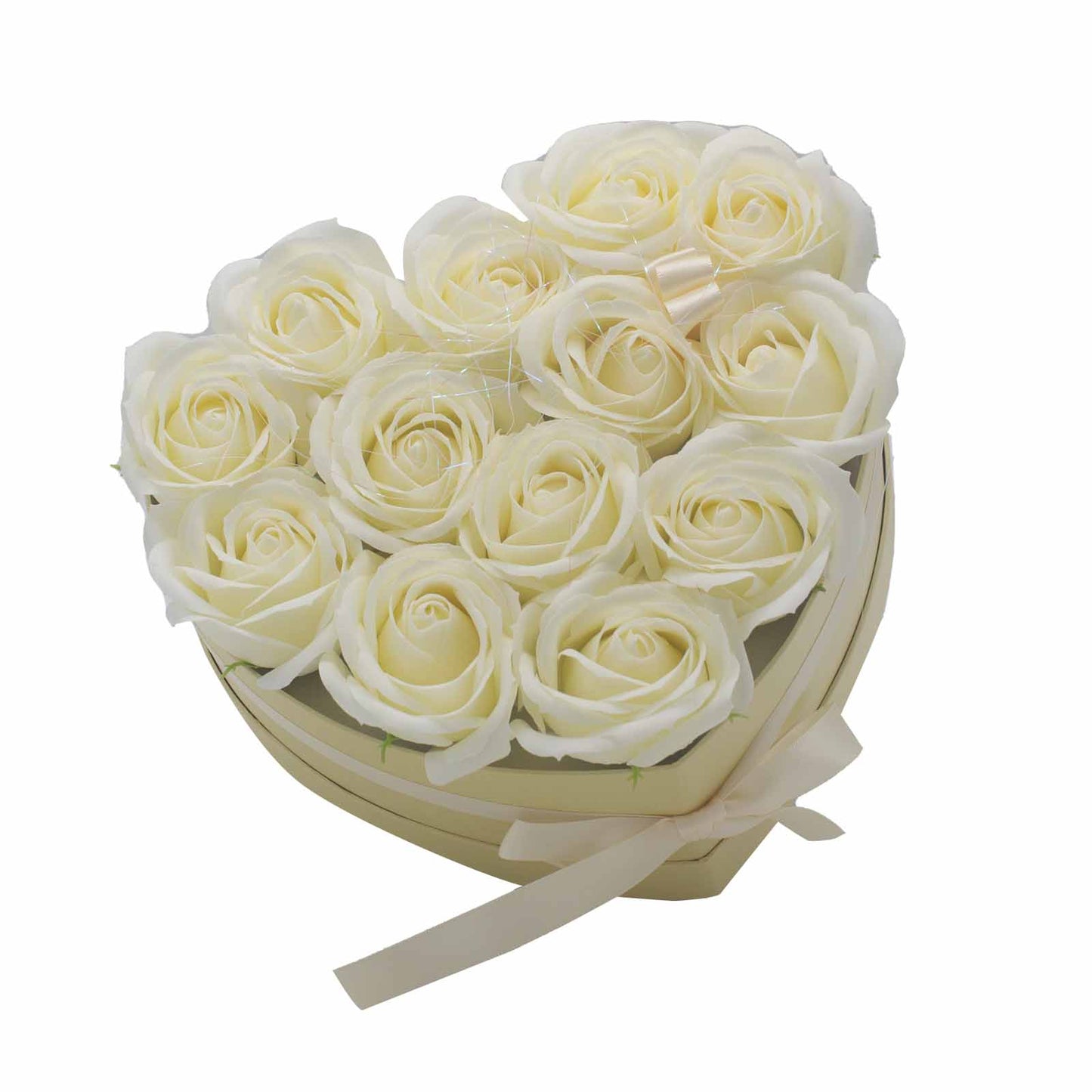 Soap Flower Gift Bouquet – 13 Cream Roses (Heart)
